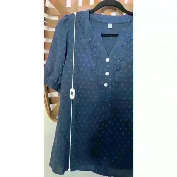 Women's V-Neck Textured Dot Blouse Lace Trim Puff Sleeve Blue S - Picture 8 of 13